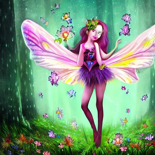 Image similar to macabre fairy princess with galaxy wings residing in a deep dark forest grove, beautiful colorful pretty artistic 4 k artstation trending dynamic dramatic lighting realistic floral garden blooming flowers high contrast light and dark magnificent