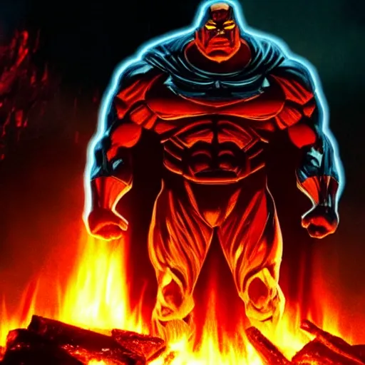 Image similar to darkseid in a dark suit with glowing eyes standing in front of a fire, a photocopy by zack snyder, cgsociety, antipodeans, # vfxfriday, reimagined by industrial light and magic, movie still