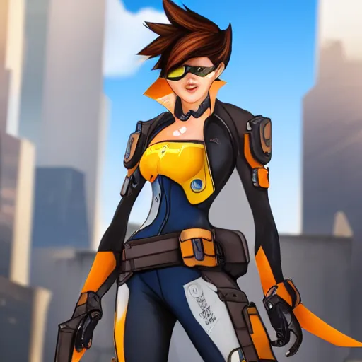 Image similar to digital painting of tracer overwatch wearing leather collar, standing in city area, 4 k, realistic,