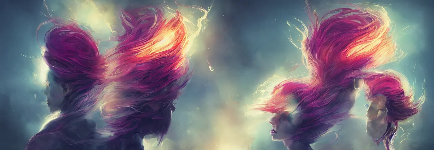 Image similar to album art two people back to back connected by their spiral hair bold colors, epic lighting, minimal background Greg rutkowski