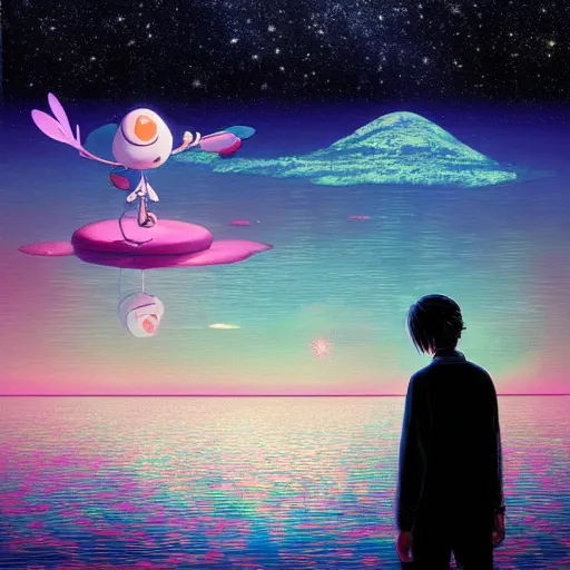 Image similar to a man walking on water under the stars by takashi murakami, beeple and james jean, aya takano color style, 4 k, super detailed