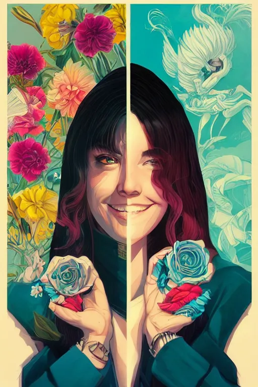 Image similar to a woman smiling cute, Tristan Eaton, victo ngai, artgerm, RHADS, ross draws