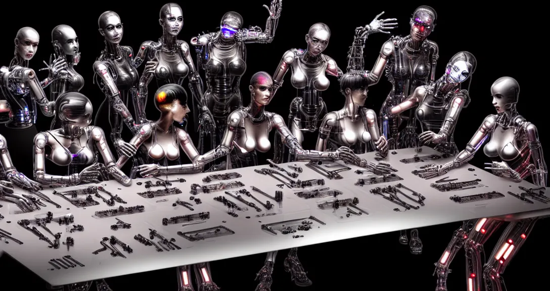 Prompt: beauty, !13 diverse cyborgs on !one_side of a reflective !cybernetic table, !!posing_as_last_supper, inticrate detailed glowing implants, !!highly detailed, dramatic lighting, electrical details, high details, beautiful lighting