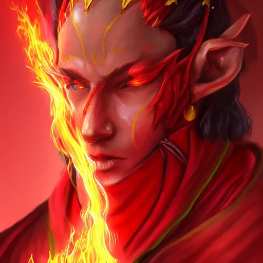 Image similar to Portrait of scarred elven fire mage in red and gold robe with flaming hands. In style of Hyung-tae Kim, concept art, trending on ArtStation, Korean MMORPG.