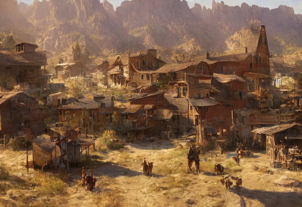 Image similar to a 1 9 th century old west far west small town in a stunning landscape by craig mullins, oil on canvas big brushstrokes, line art, winning - award masterpiece, fantastic, octane render, 8 k hd resolution, high quality image