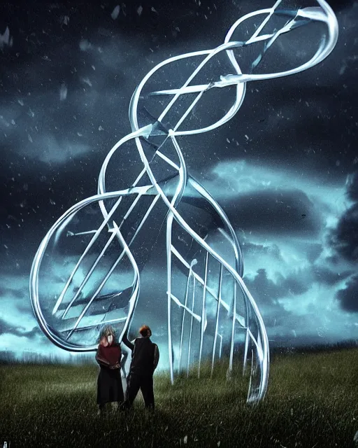 Image similar to in a field, two scientists in lab coats encounter a monster shaped like the DNA double helix, stormy weather, night scene, volumetric light, fireflies