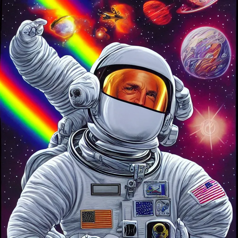 Image similar to astronaut at the rainbow bridge. paul gulacy. philip caza. artgerm.