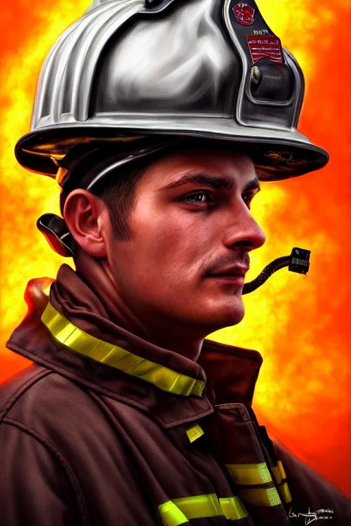 Prompt: firefighter, man, highly detailed, 4 k, hdr, smooth, sharp focus, high resolution, artgerm, photorealistic