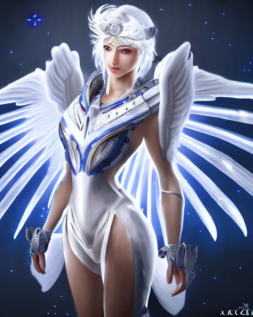 Image similar to perfect white haired attractive egyptian goddess with huge white dove wings, warframe armor, beautiful, symmetric, dreamy, half asian, pretty face, blue eyes, detailed, scifi platform, laboratory, experiment, 4 k, ultra realistic, epic lighting, android body, illuminated, cinematic, masterpiece, art by akihito tsukushi, voidstar