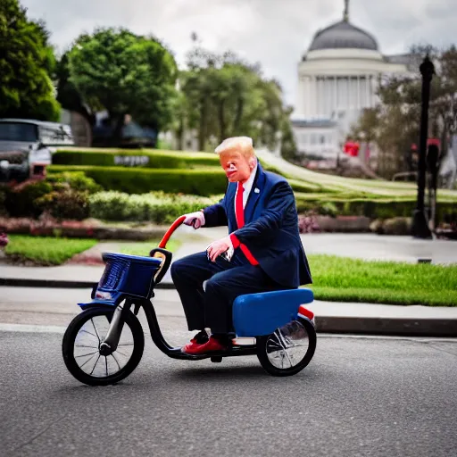 Image similar to Donald Trump falling off a tricycle, Canon EOS R3, f/1.4, ISO 200, 1/160s, 8K, RAW, unedited, symmetrical balance, in-frame