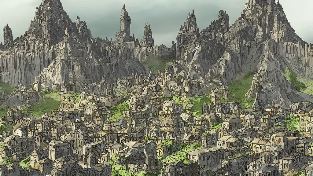 Image similar to a genndy tartakovsky illustration of minas tirith from lord of the rings