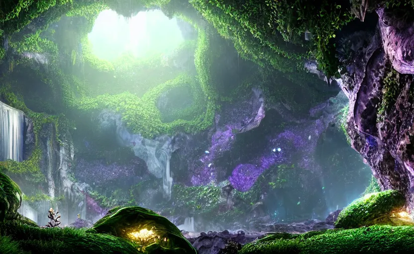 Prompt: a beautiful and stunning digital render of a humongous geode cave, dimly glowing diamonds, mushrooms, vines, haze, waterfall, volumetric lighting, photorealistic, unreal engine 5, ultra detail, trending on artstation