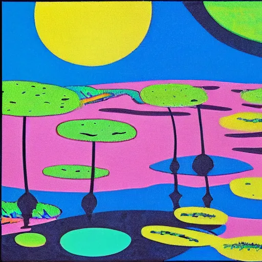 Image similar to intuitive tonalism by alice rahon, by romero britto. a peaceful installation art that shows a pond with water lilies floating on the surface. the colors are soft & calming, & the overall effect is one of serenity & relaxation.