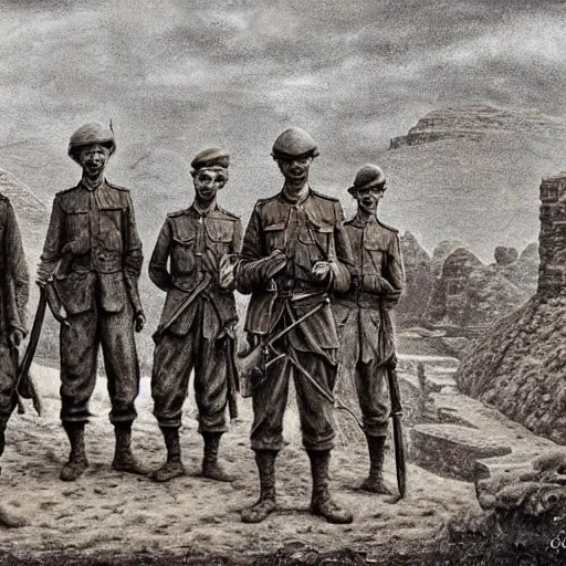 Prompt: ultra detailed photorealistic sepia - toned painting from 1 9 1 7, three british soldiers standing at an archaeological dig site in wadi rum, ultra realistic, painted, intricate details, epic, lovecraft, atmospheric, dark, horror, brooding, highly detailed, by dave dorman