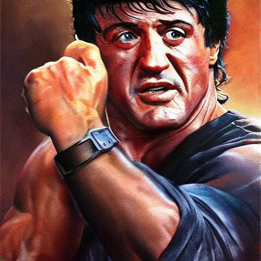 Image similar to ultra realistic portrait painting of sylvester stallone, art by frank frazetta, 4 k, ultra realistic, highly detailed, epic lighting