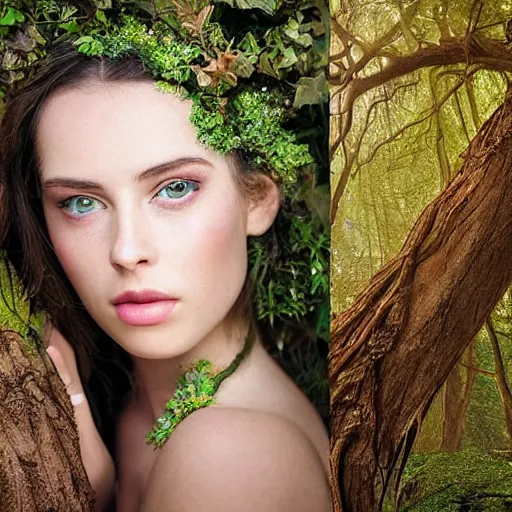 Prompt: Portrait of the beautiful woman Lana Rhoades as a dryad, she has those characteristic sparkling green eyes, she is looking straight to the camera, she has a glow coming from her, she is getting illuminated for rays of light, behind her is an ancient forest full of life, the photo was taking by Annie Leibovitz, Ellie Victoria Gale and Steve McCurry, matte painting, oil painting, naturalism, 4k, 8k