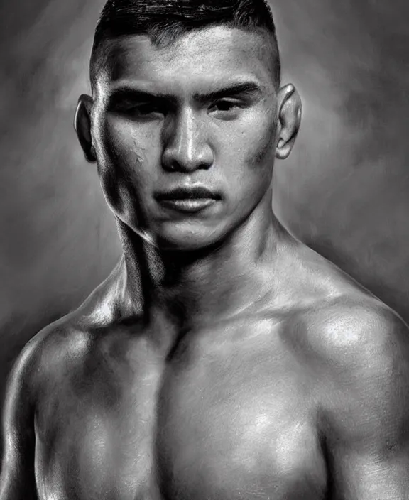 Image similar to heroic portrait of a handsome young mexican ufc fighter, art by denys tsiperko and bogdan rezunenko, hyperrealism