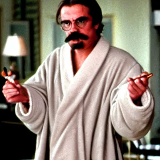 Image similar to friedrich nietzsche appearing in the movie the big lebowski as the dude, wearing a bathrobe, holding cigarette pipe