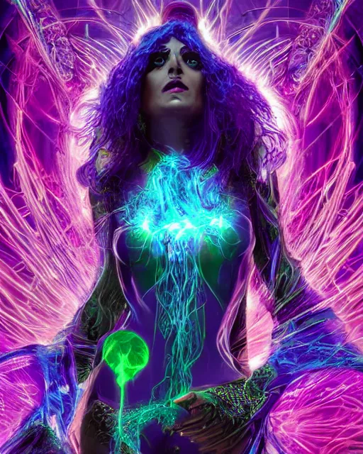 Prompt: a powerful energy psychedelic matrix sorceress, by alexander fedosav, hyper detailed digital matte painting, concept art, hyperrealism, 1 6 k resolution, cinema 4 d, 8 k resolution, trending on artstation, behance hd, a masterpiece, by stephan martiniere, particles, cel - shaded, power bright neon energy, by david a. hardy,