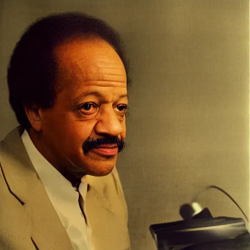 Prompt: sherman hemsley sitting at a recording console in a recording studio, faded photograph from 1 9 8 2