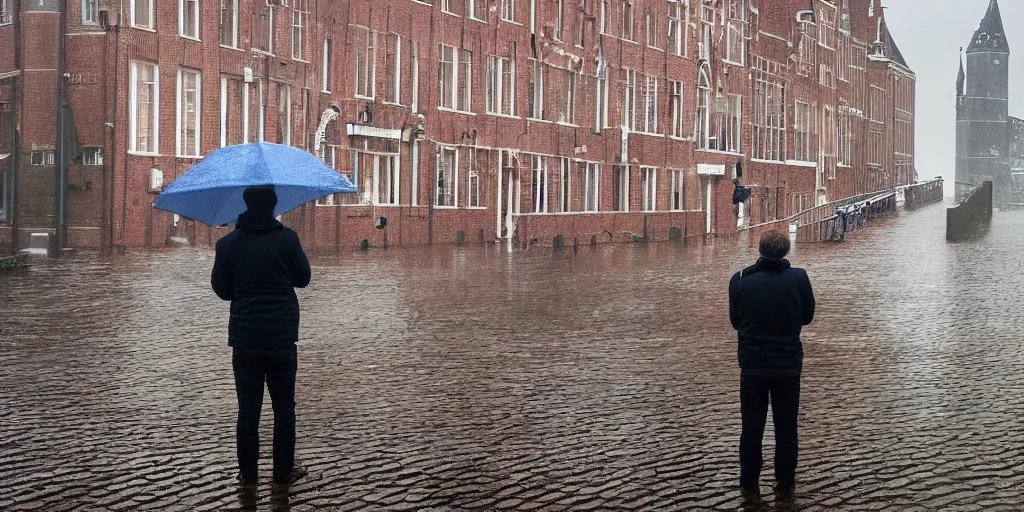 Prompt: a man admiring the rain in middelburg, the netherlands, digital art, 4 k,