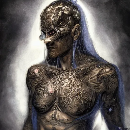 Image similar to a WLOP 3d render of Very very very very highly detailed mystic, enigmatic, strange portrait of a phantom warrior with galaxy, tattoos by Anton Pieck, intricate, extremely detailed, digital painting, artstation, concept art, smooth, sharp focus, illustration, intimidating lighting, incredible art,