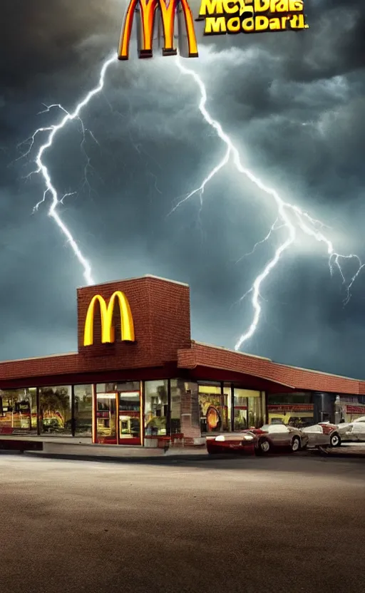 Image similar to beautiful epic poster of mcdonalds in an apocalypse. thunder, lightning, hd, hq. very detailed.