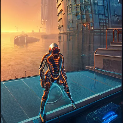 Image similar to aquatic alien in mechanical exoskeleton designed by jony ive in cybercity, golden hour, poster by michael whelan and gilbert williams and evgeny lushpin and artgerm and alena aenami, 3 0 mm, well proportioned, highly detailed, rule of thirds, long exposure