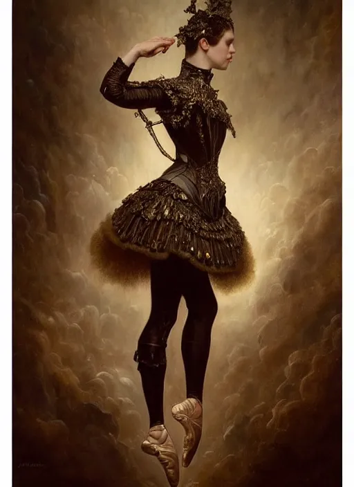 Prompt: highly detailed oil painting | very intricate | cinematic lighting | award - winning | ballet victorian armor fashion by alexander mcqueen | by roberto ferri, by tom bagshaw, by j. c. leyendecker and klimt, american romanticism, by austin osman spare, artstation, cgsociety, official art, octane