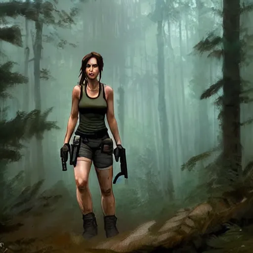 Prompt: photo of lara croft cuffed arrested by cops in a forest, 8 k, by greg rutkowski, artgerm,