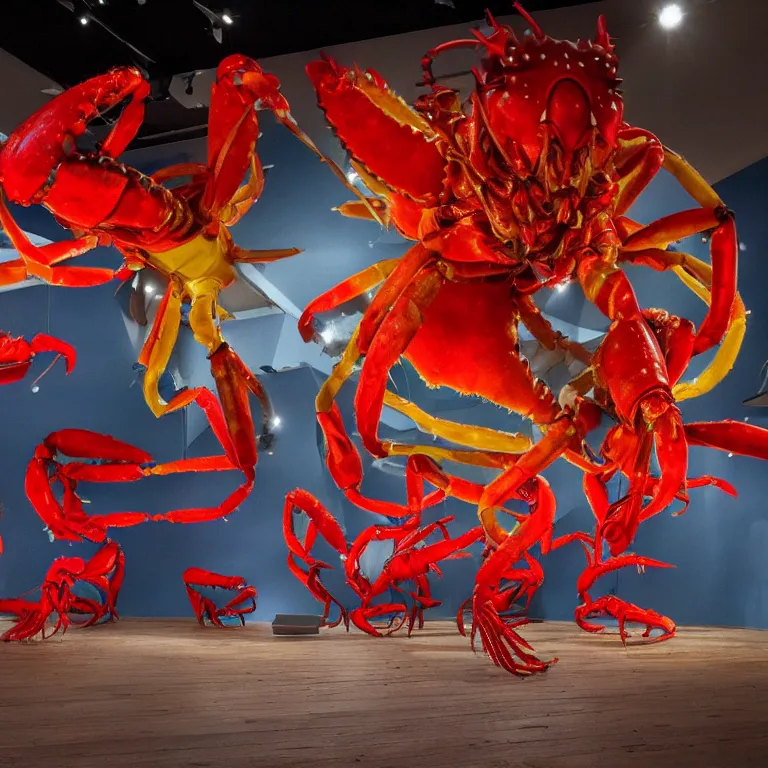 Image similar to fluxus performance of primary colors light projection onto several giant lobsters in a cramped art gallery, high contrast hyperrealism trending on arstation 8 k