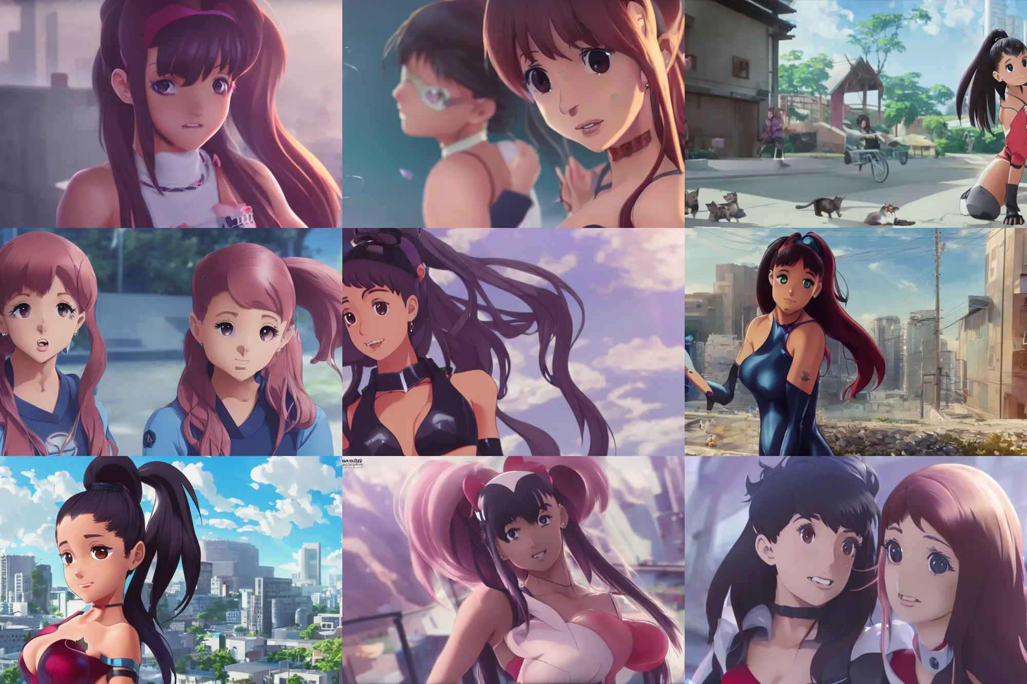 Prompt: photorealistic Ariana Grande as a super hero rescuing cats, anime key visual, digital art, anime screenshot, kyoto animation, makoto shinkai, trending on artstation