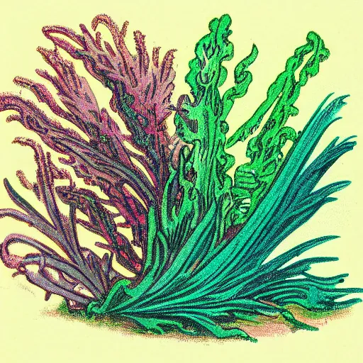 Image similar to vintage colored detailed illustration of random seaweed, neon colors