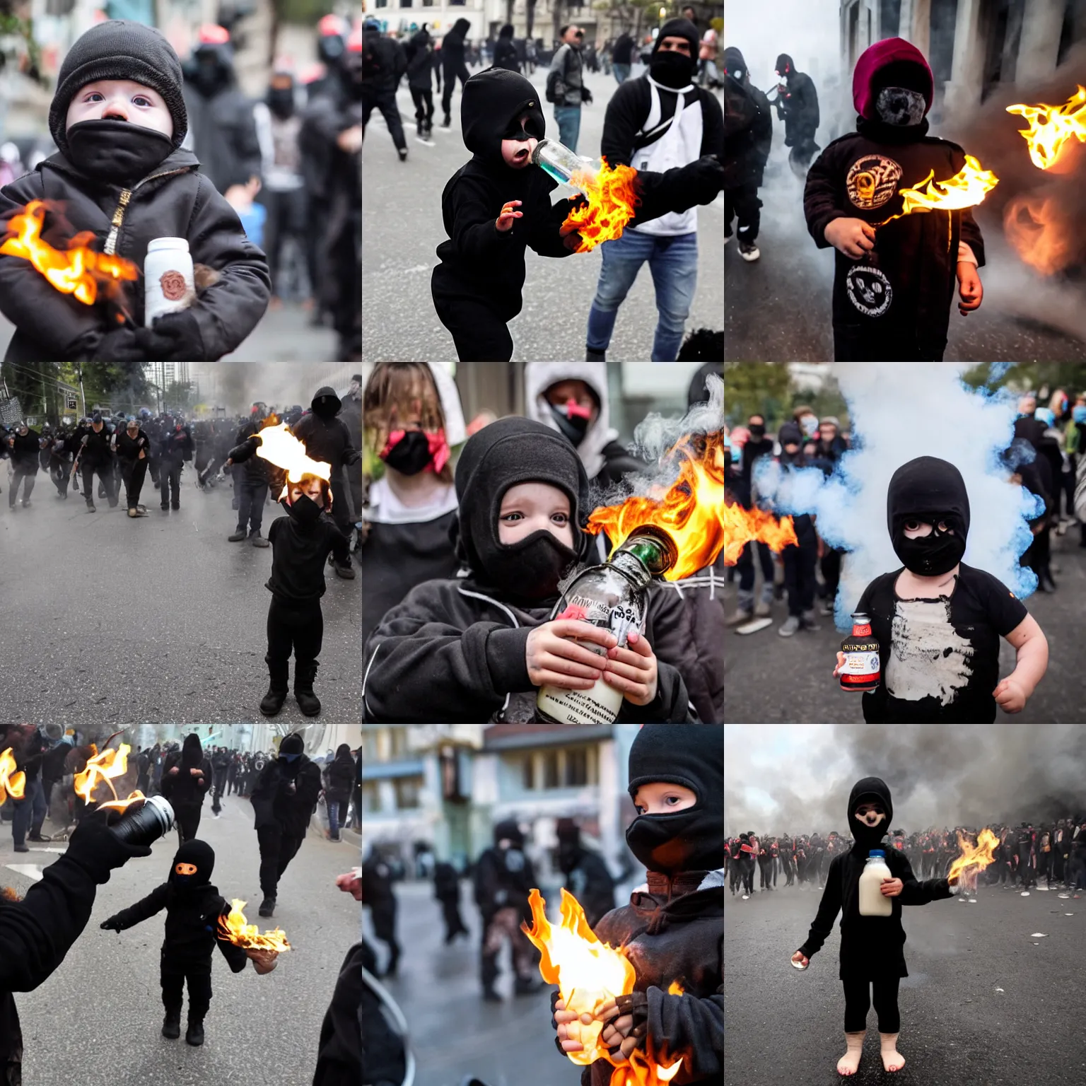 Prompt: an infant dressed in black bloc hold a flaming bottle of milk, photo
