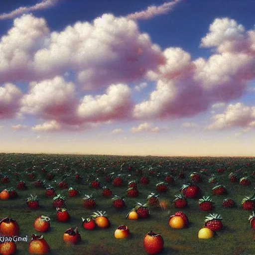 Image similar to fruit, heaven, in heaven, heavenly cloud, peter elson, 8 k, extremely detailed, puffy clouds