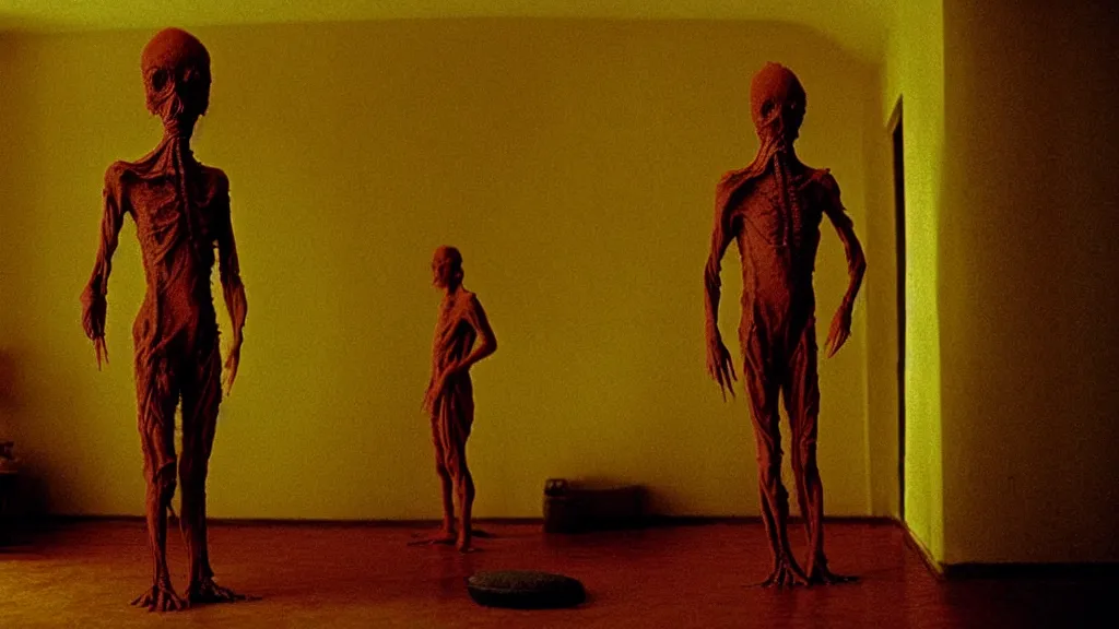 Image similar to a strange creature made of wax and water in the living room, film still from the movie directed by Wes Anderson with art direction by Zdzisław Beksiński, wide lens