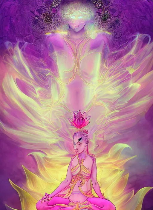 Image similar to 'lotus goddes, full body, purple, pink, yellow, concept character, water drops, lotus flower, beautiful, stunning, pink mist, radiating power, energy, god rays, luminescence, fractal, style of james jean, akira, satoshi con'