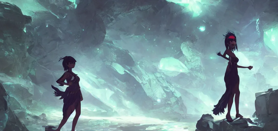 Image similar to Full body portrait of a Himalayan woman in a sleeveless dress,exploring a long sci fi cave with glowing crystals, dark colors, ominous, somber, detailed, by Studio trigger, wojtek fus, by Makoto Shinkai and Ilya Kuvshinov