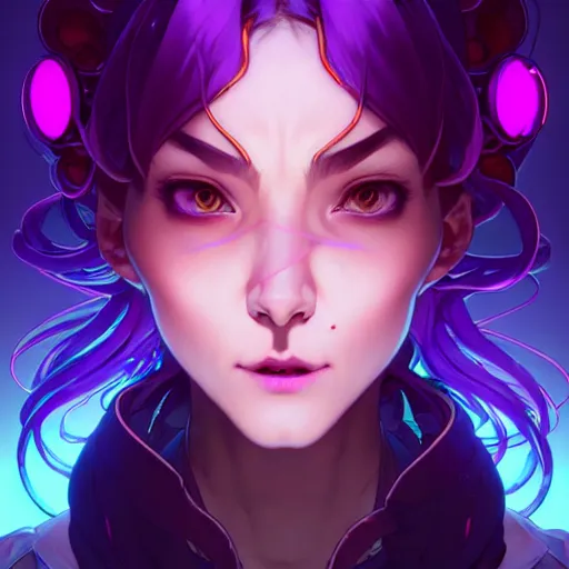 Image similar to a face portrait character design by artgerm, cushart krenz, greg rutkowski ross tran alphonse mucha. cute mad scientist girl!! glowing purple machine!! bold outline sharp edges. ultra clear detailed. 8 k. elegant, neon colors, symmetry, intricate complexity, epic composition, magical atmosphere, cinematic lighting masterpiece trending on artstation 8 k octane.