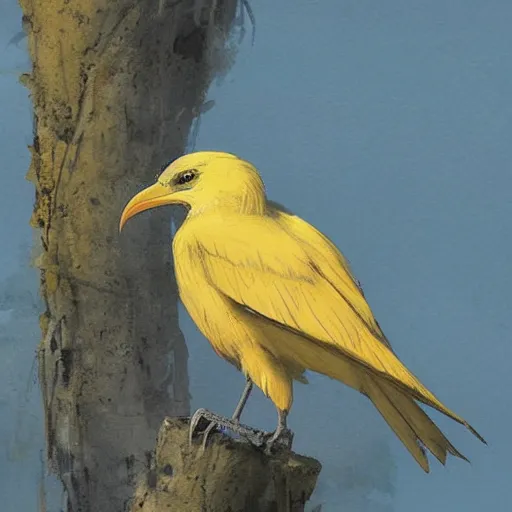 Image similar to a yellow crow on a tree with white leaves, detailed, by greg rutkowski