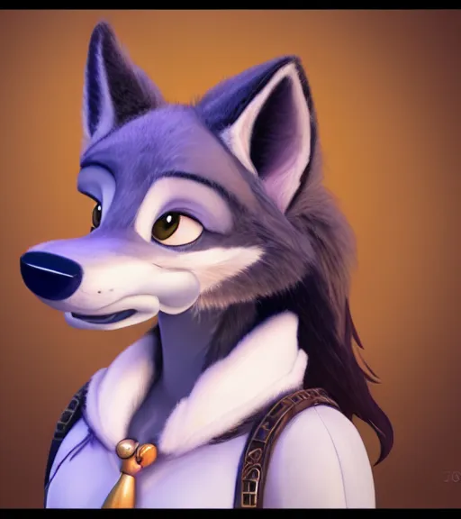 Prompt: oil painting bust of anthromorphic female wolf, in style of zootopia, zootopia, zootopia, fursona, furry, furaffinity, 4 k, deviantart, furry art, fursona art, wearing black business suit, business suit, in style of zootopia, wolf fursona, cyberpunk, female, expressive detailed feminine face,