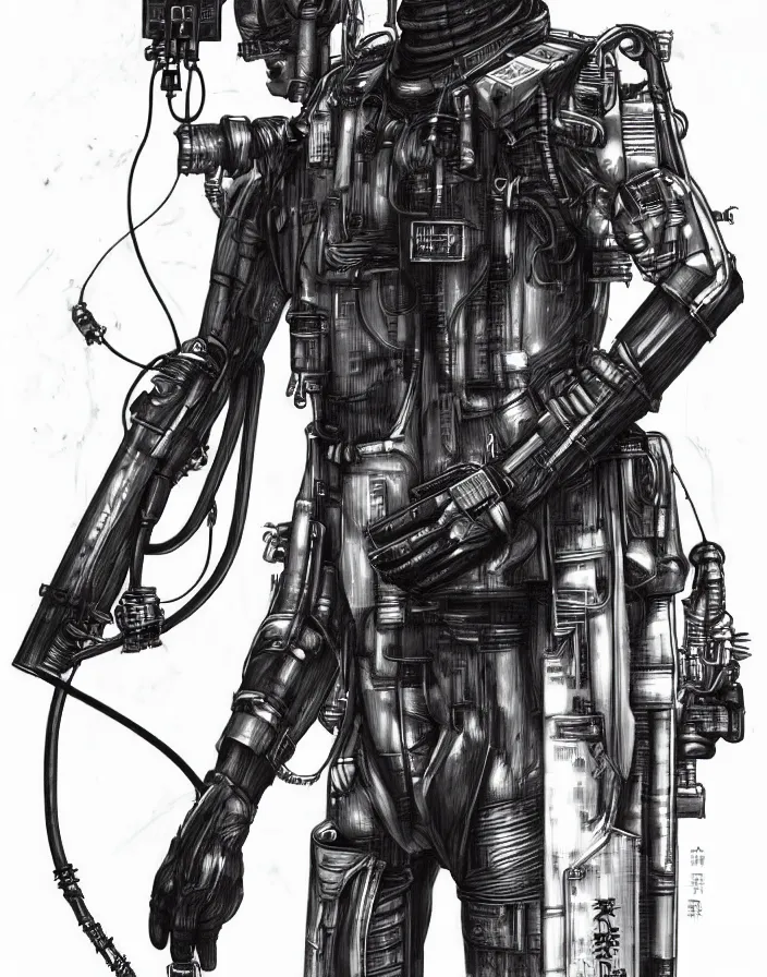 Image similar to realistic cyberpunk japanese engineer with long limbs and a black spacesuit carrying welder, techwear, dead space, visible face, Industrial Scifi, detailed illustration, character portrait, by Martin Grip and Moebius