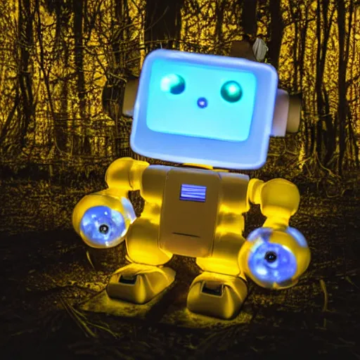 Image similar to translucent robot sitting by a fire in the woods at night, whimsical, award winning photograph, sigma 8 5 mm f / 8, hyper - realistic