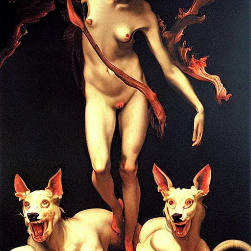 Prompt: Flaming Cerberus standing at the gates of hell. Painted by Caravaggio. High quality.