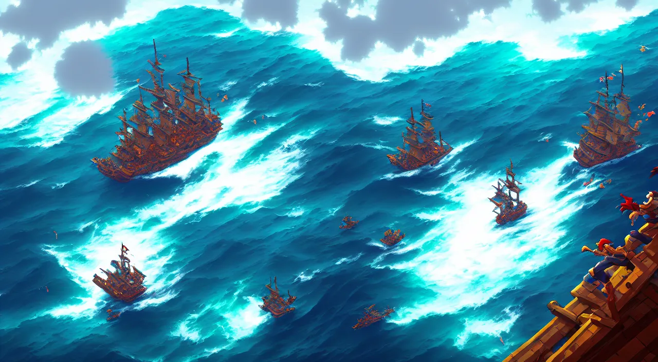 Prompt: Pixelart of a pirates battles in the ocean, volumetric lighting, digital pixel art, pixiv, official fanart behance hd by Jesper Ejsing, by RHADS, Makoto Shinkai and Lois van baarle, ilya kuvshinov, rossdraws global illumination