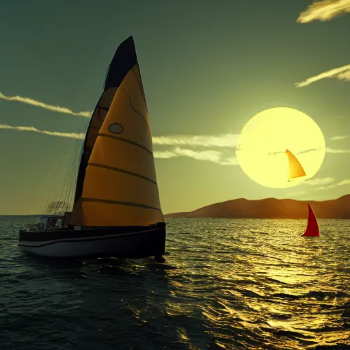Image similar to sailor sailing into the sunset, highly detailed, rendered, ray - tracing, cgi animated, 3 d demo reel avatar, soft shade, soft lighting