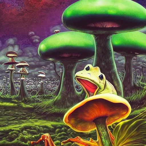 Image similar to A centered waist up portrait of a scary psychedelic godlike anthropomorphic frog smoking tobacco , magic mushroom village in background . award winning. superb resolution. in the art style of junji Ito and greg rutkowski . Detailed Mushroom city in background. Hyper realistic anime. Perfect art. Dalle2