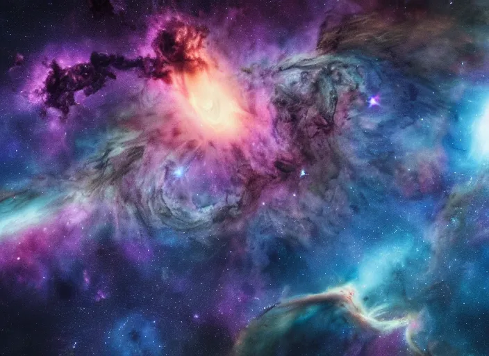 Image similar to A deep space universal collapse, cataclysmic, majestic, cosmic destruction, detailed, 4k, nebulas colliding, immaculate space and scale