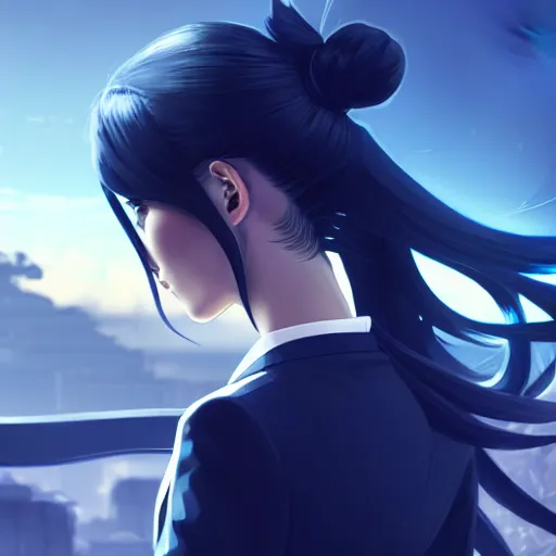 Prompt: low - angle shot from behind of a long blue ponytail girl in a tailcoat overlooking noxus, noir, screenshot, sharp focus, intricate, illustration, cell shaded, digital painting, highly detailed, art by ilya kuvshinov, wlop, greg rutkowski, studio quality, james jean