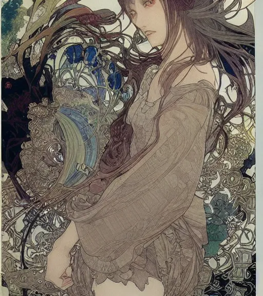 Image similar to yoshitaka amano anime painting, intricate line drawings, pen and ink, alphonse mucha, claire wendling, kentaro miura, ruan jia